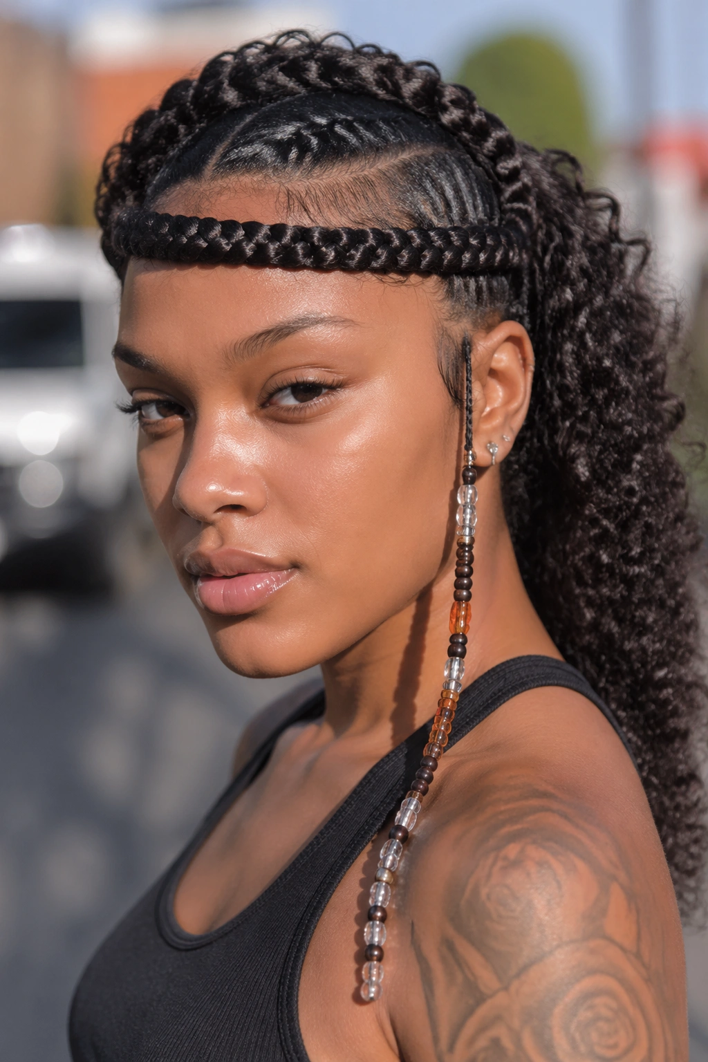 Close-up of bangs cornrow with long beaded tail on a real person