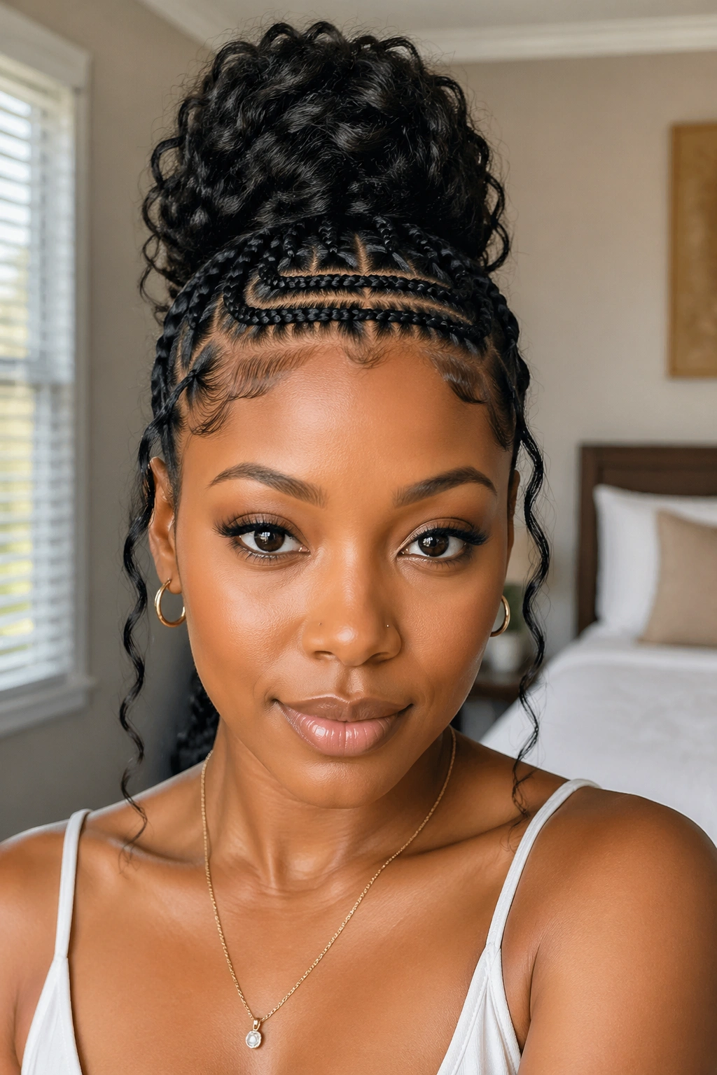 Front portrait of a real woman with cornrow bangs and goddess updo.