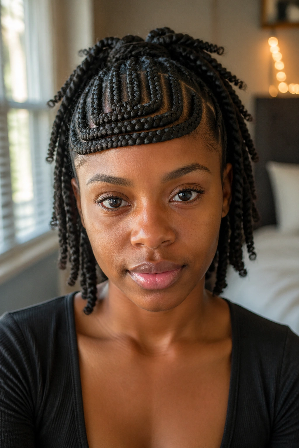 Cornrow bangs with hanging twists on real woman, forehead framing