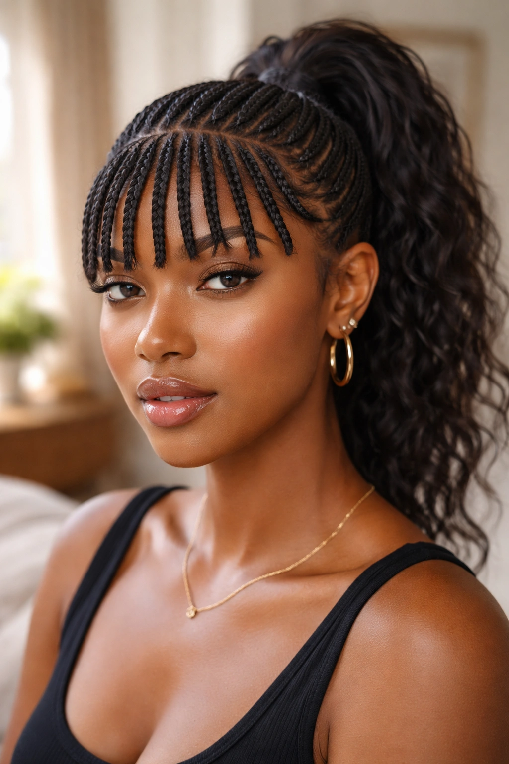 Close-up of real woman with cornrow bangs and pulled-back hair