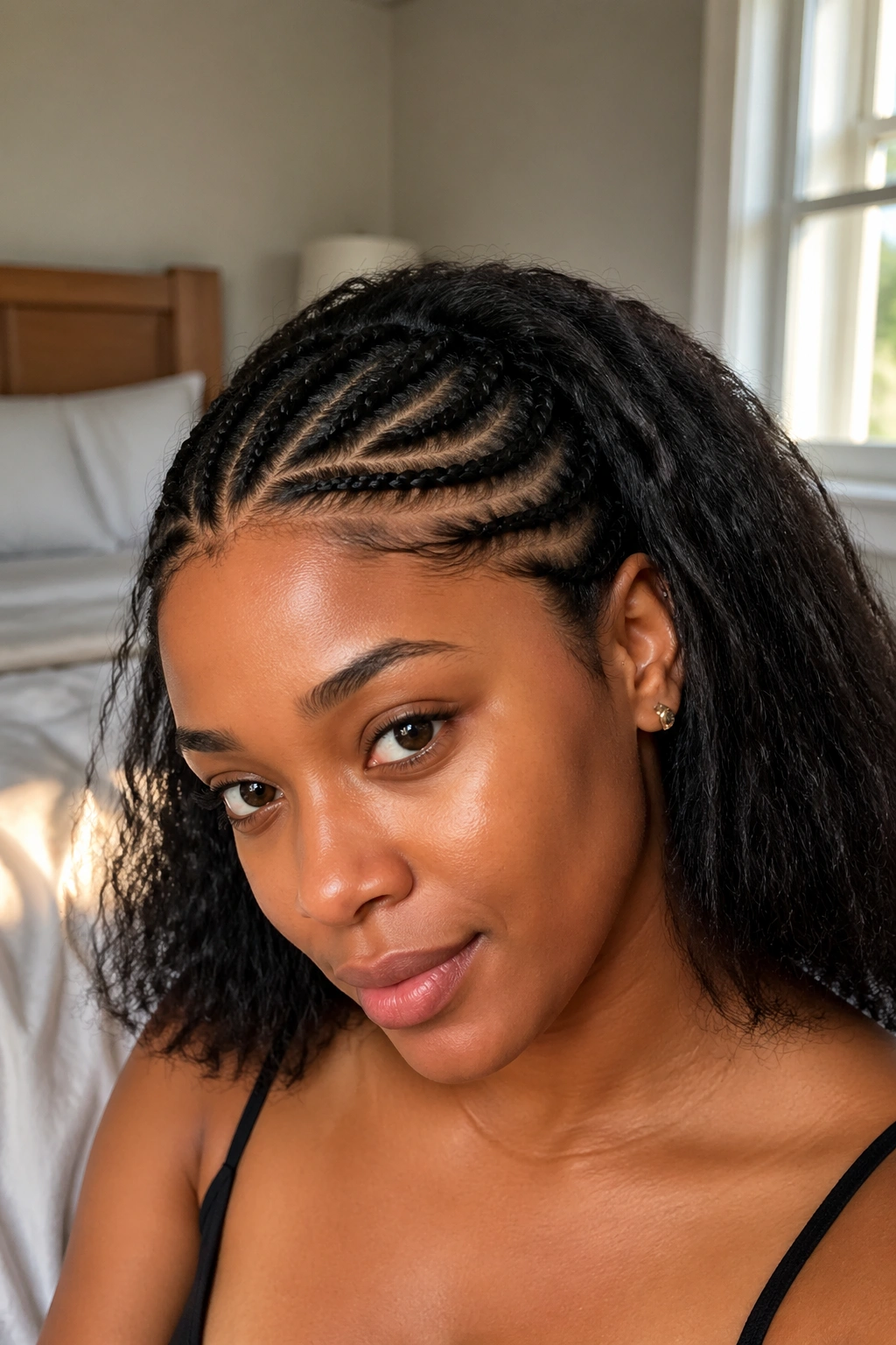 Close-up portrait of a real woman with cornrow bangs across the forehead and loose hair in back, natural window light.