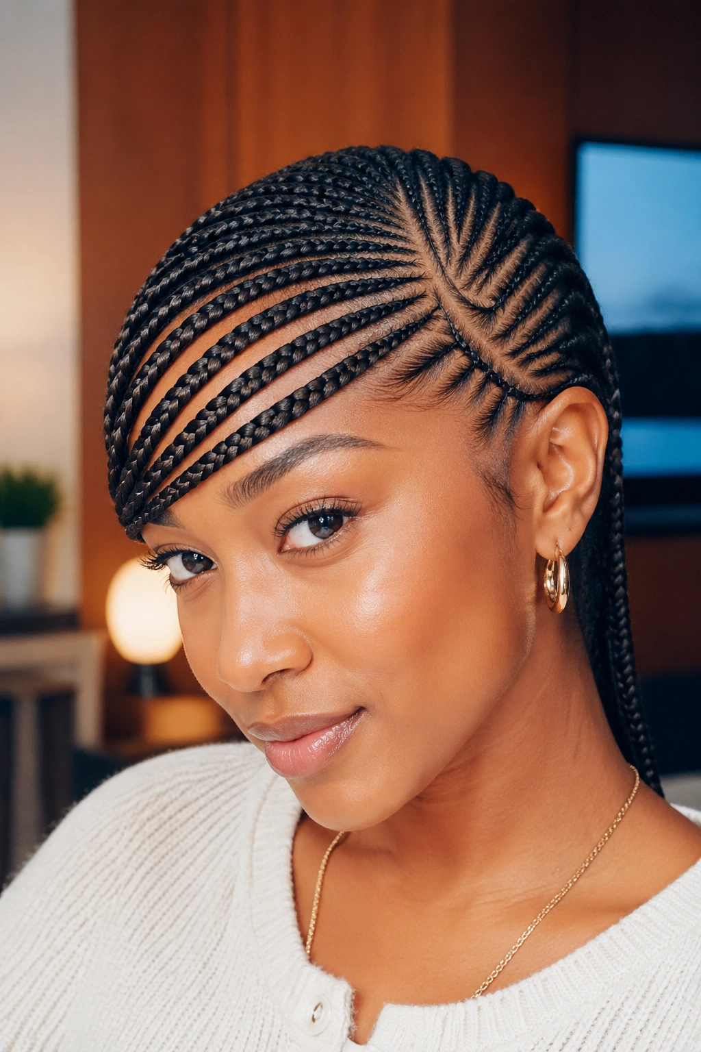 Close-up of a woman with diagonal front cornrows forming bangs