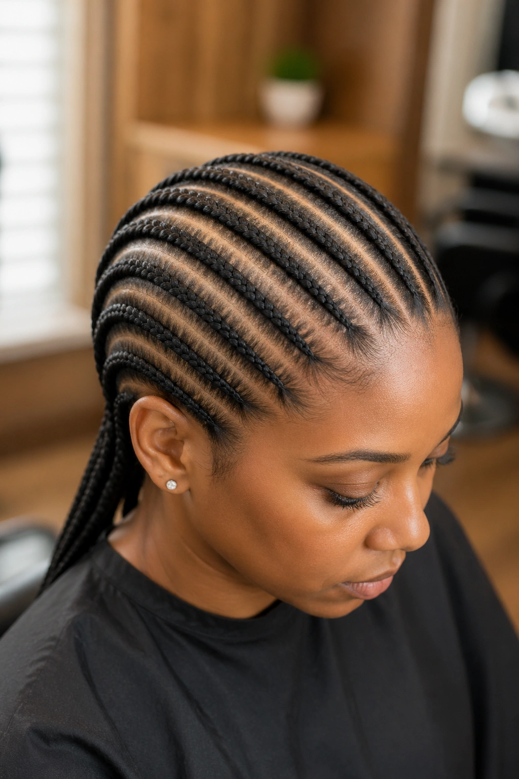 Close-up of straight-back cornrows base on real person's scalp for crochet installation