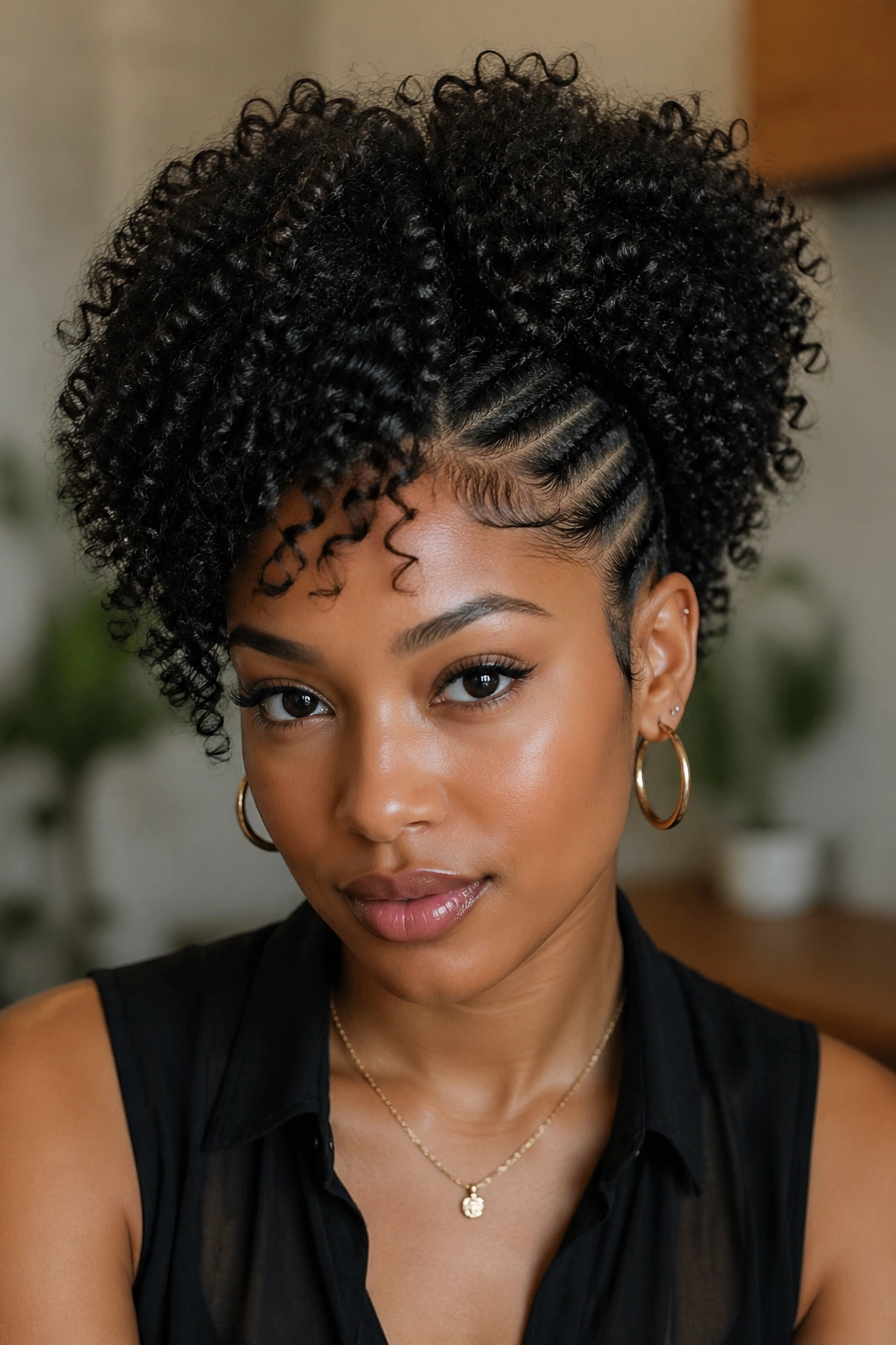 Close-up portrait of a woman with cornrow base and curly top