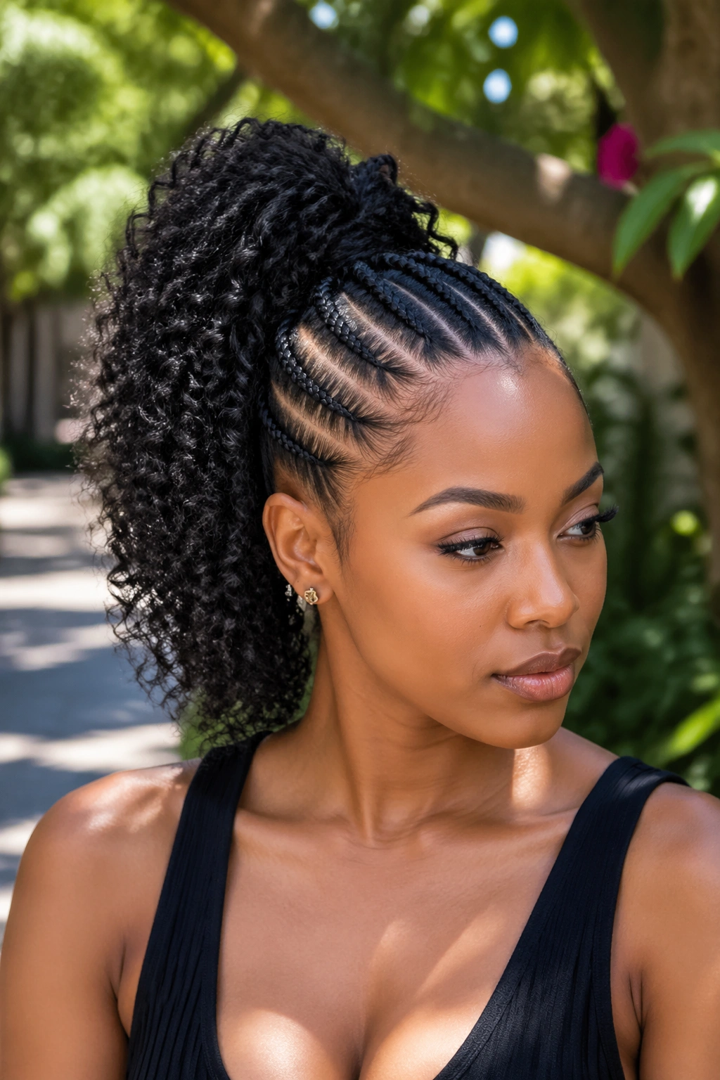 Head-and-shoulders portrait of a person with a cornrow-base high ponytail.