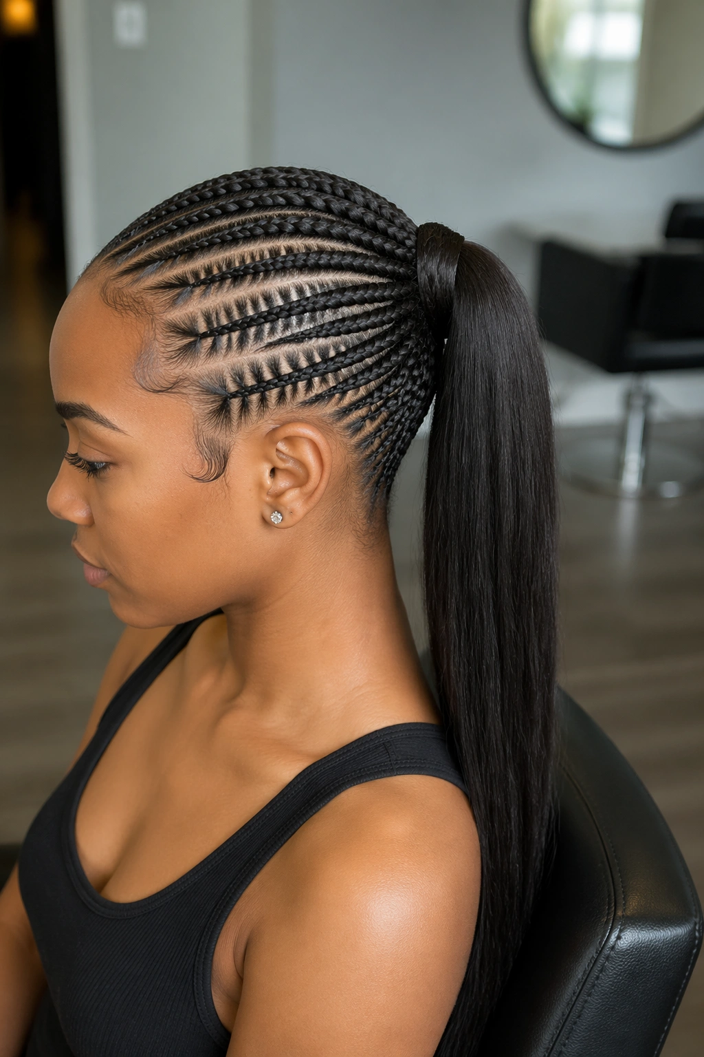 Close-up of a real woman with cornrow base ponytail and sleek ponytail