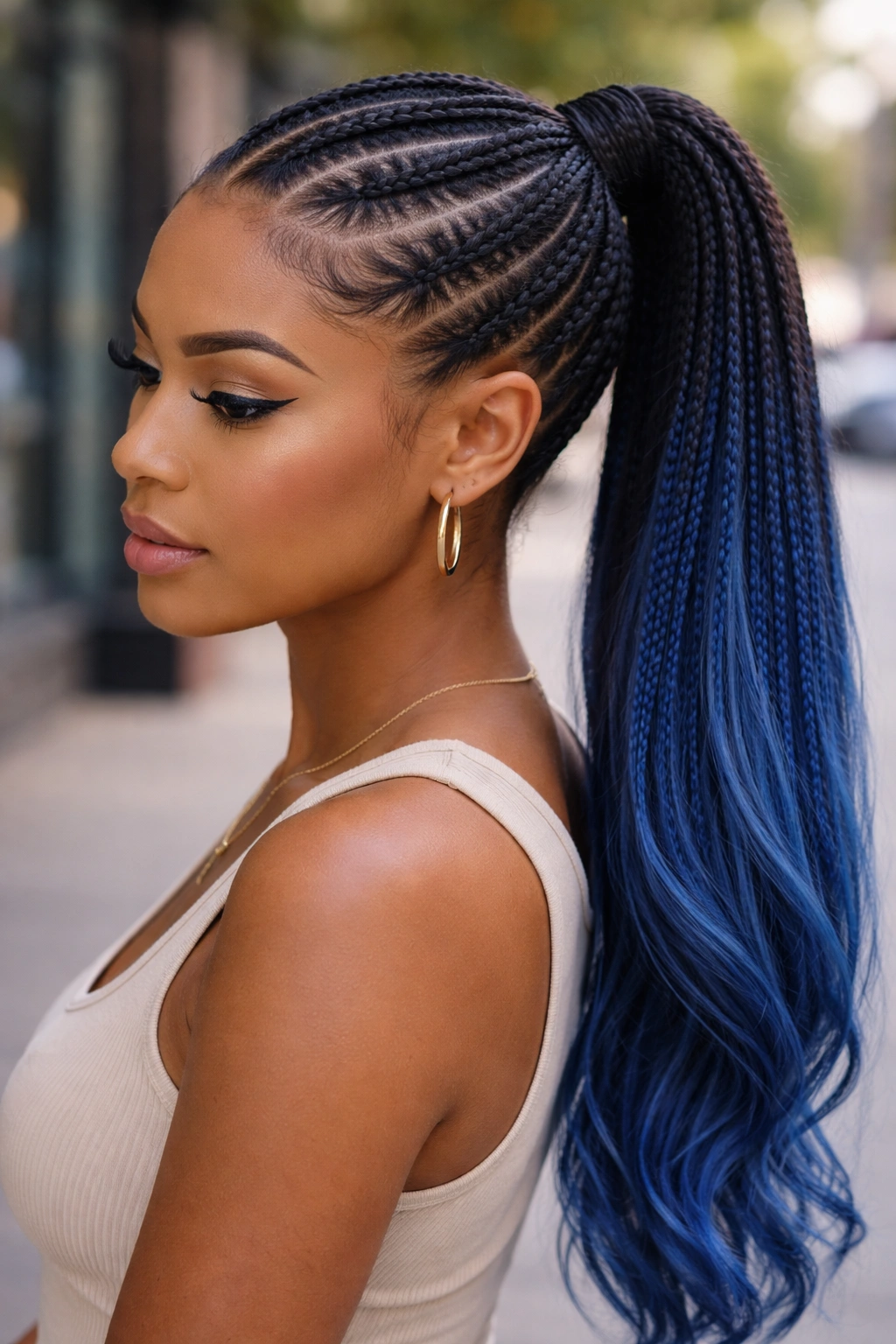 Portrait of a real person with cornrows feeding into a blue ponytail on an outdoor street backdrop.