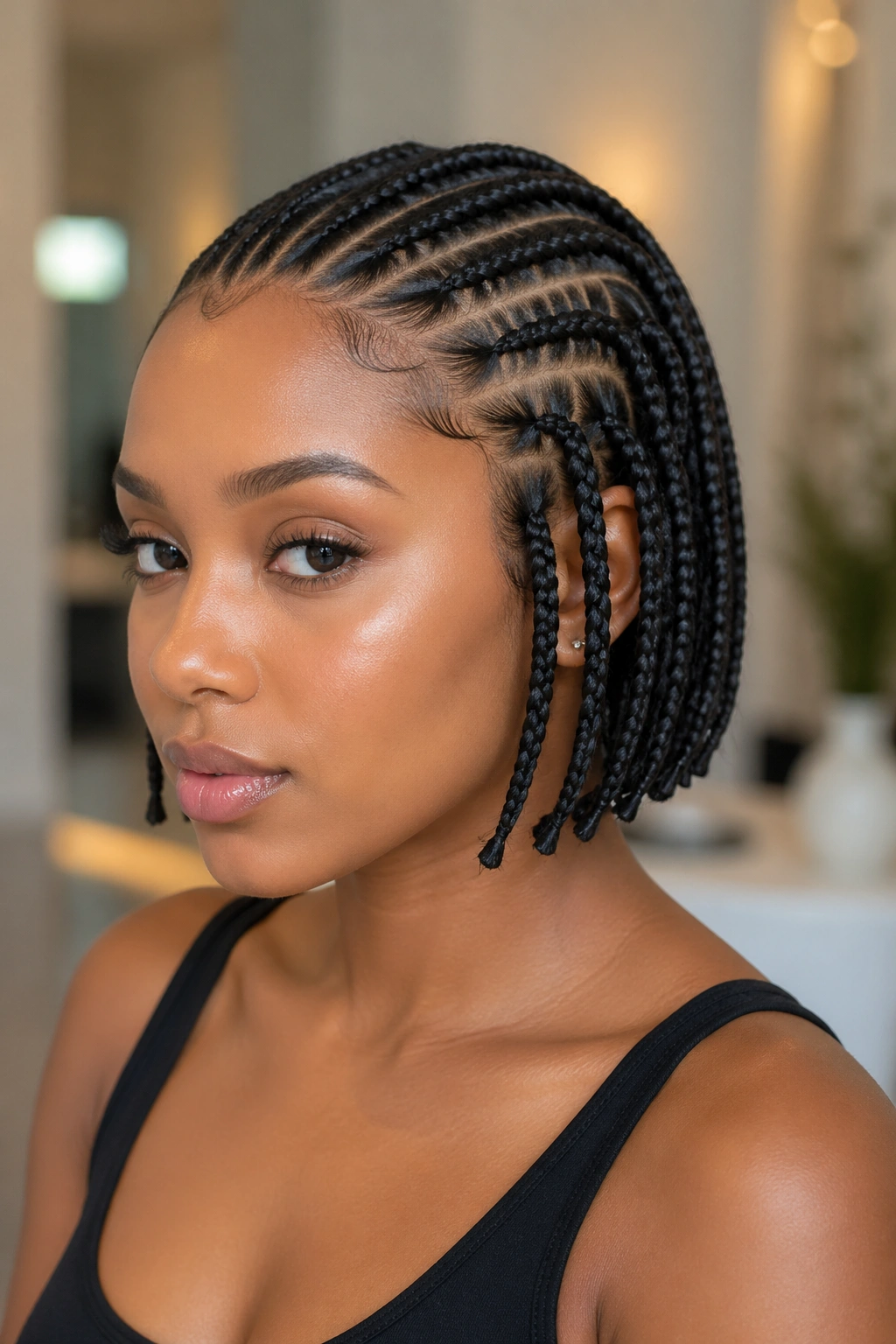 Chin-length needle cornrow bob with stitch detail on real person.