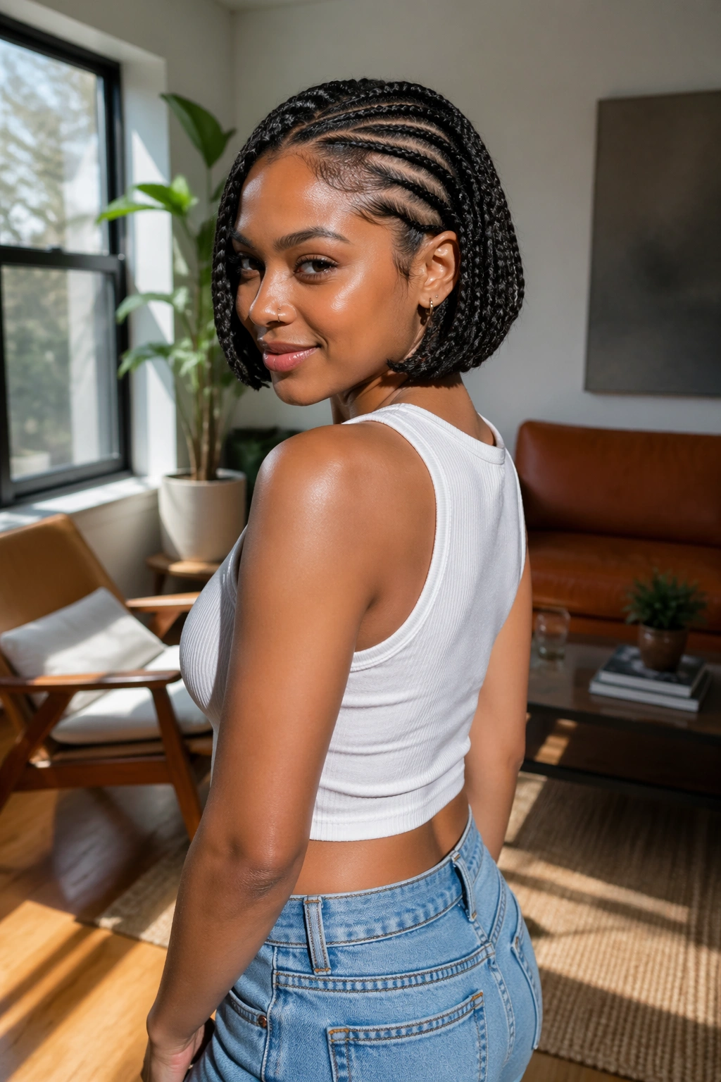 Cornrow Bob with Tucked Ends on curly hair in a sunlit living room.