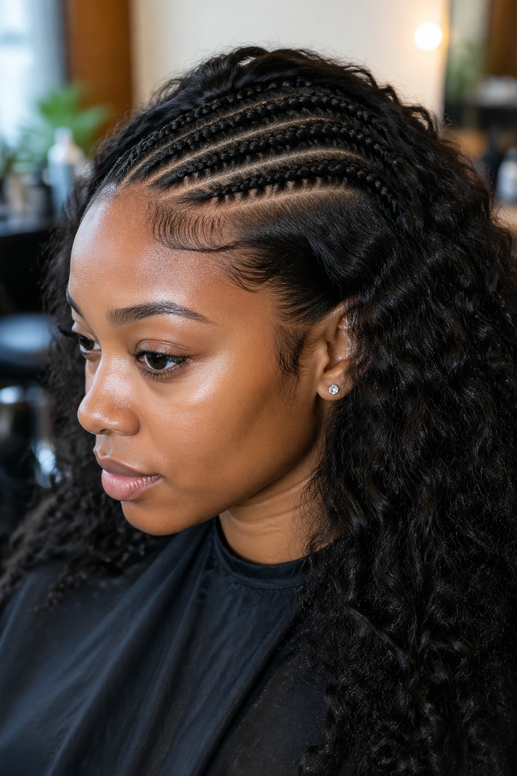 Close-up of defined boundary between cornrowed and loose hair.