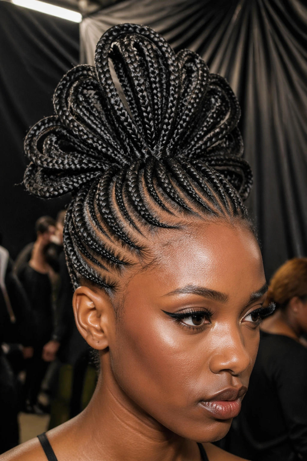 Close-up of cornrow bouquet updo on a real person during an editorial shoot