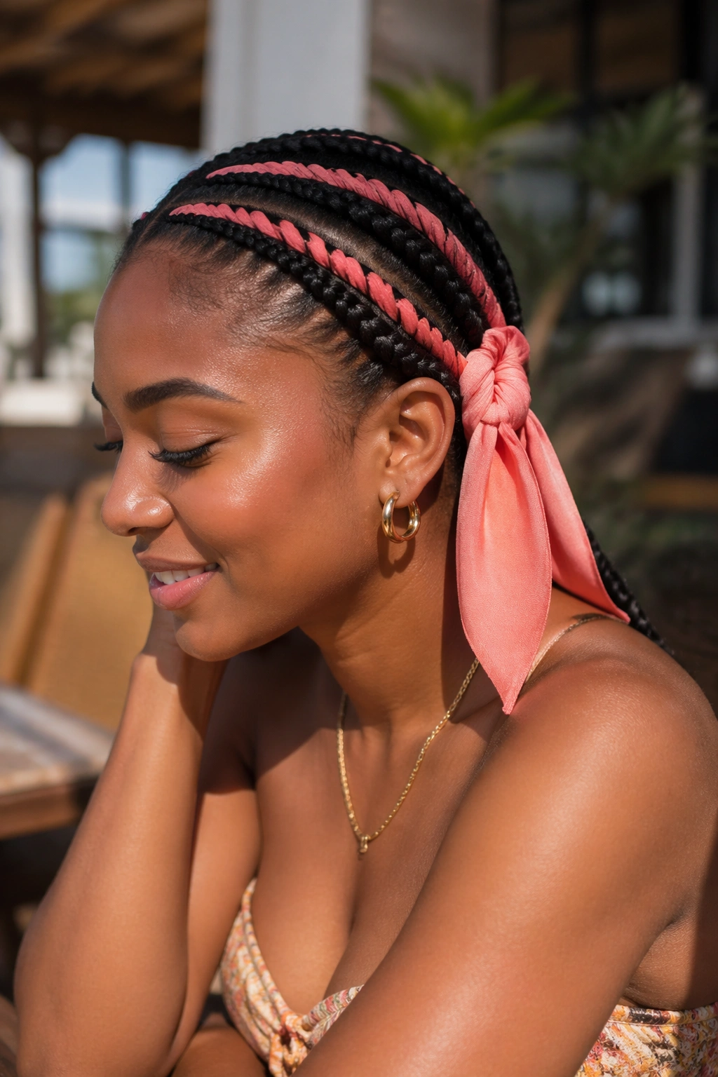 Real woman with cornrow braid and colorful scarf accent outdoors