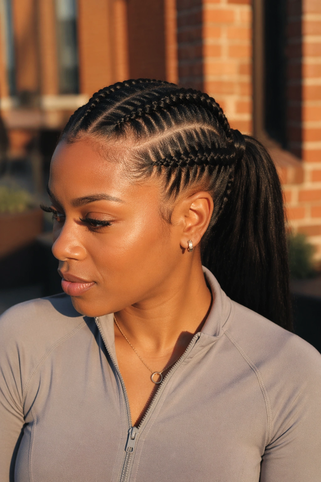 Two neat cornrows leading into a mid ponytail on a real person