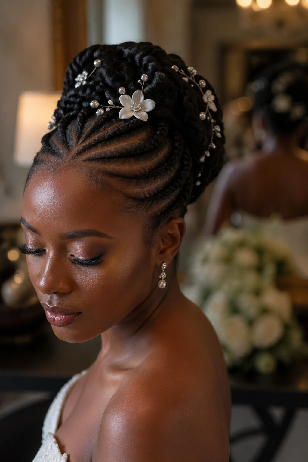 Close-up of a real woman with cornrow-based protective bridal updo and floral pins.
