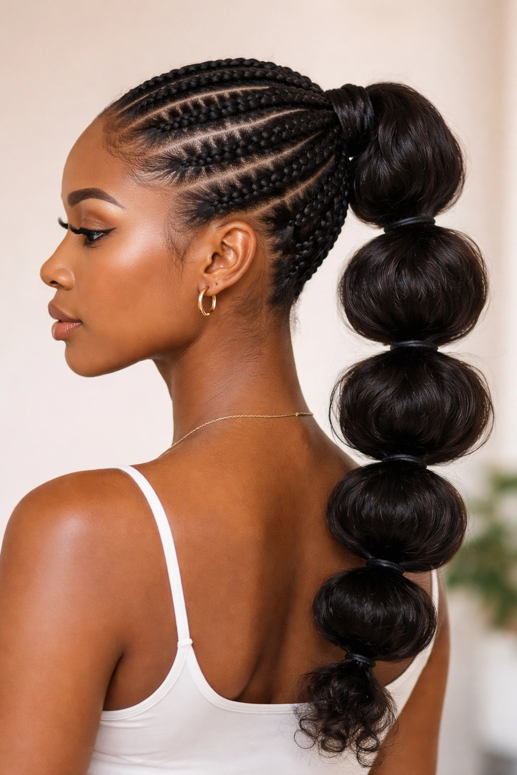 Cornrow feed-in bubble ponytail with clean scalp and voluminous bubbles