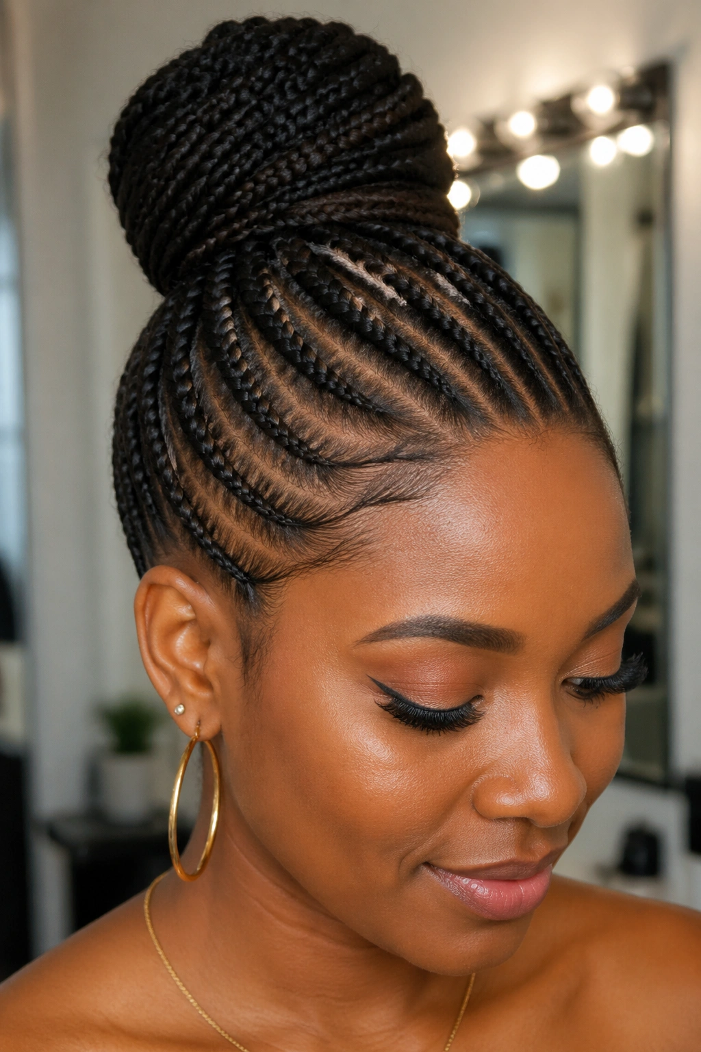 Close-up of a real person with French cornrows into a high crown bun