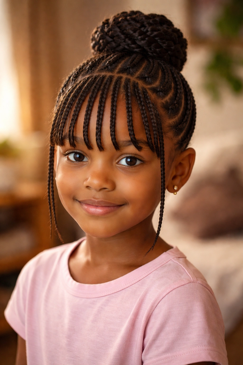 Close-up of a girl with cornrow bangs and crown bun