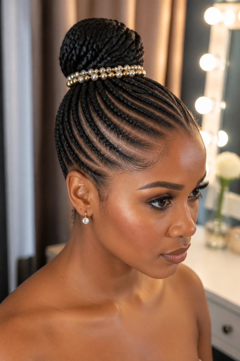 Close-up of cornrow bun updo with bead crown around base on a real person
