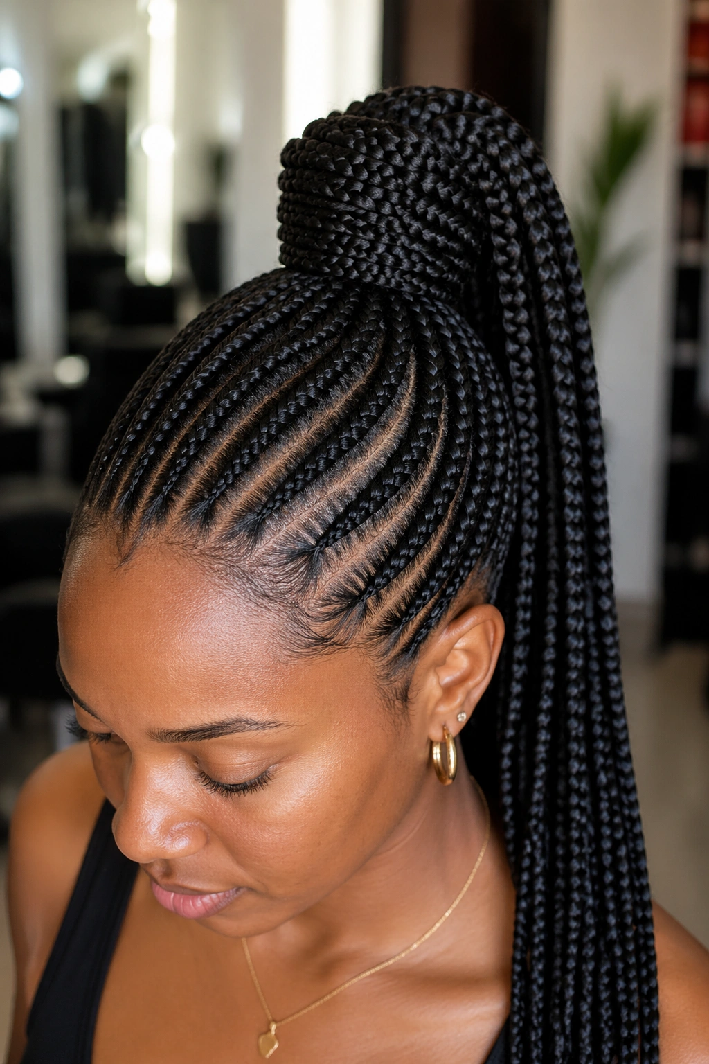 Real person sporting a cornrow bun with a flowing box braid ponytail.
