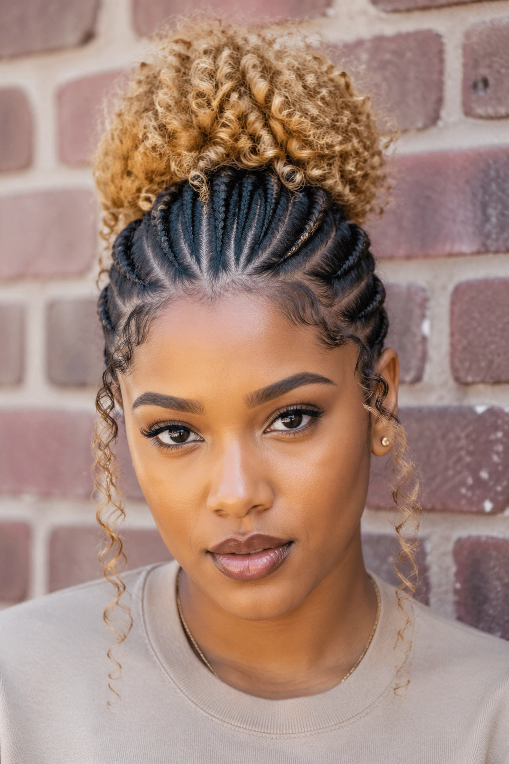 Close-up of a real woman with a colored bun atop natural cornrows against a brick wall
