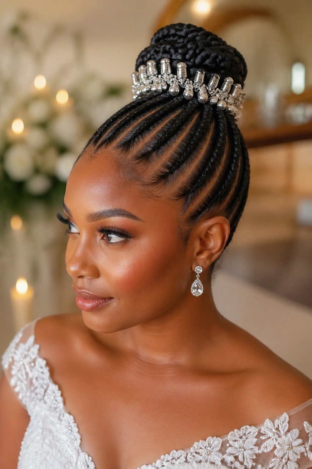 Real person with cornrow bun and beaded crown hairstyle