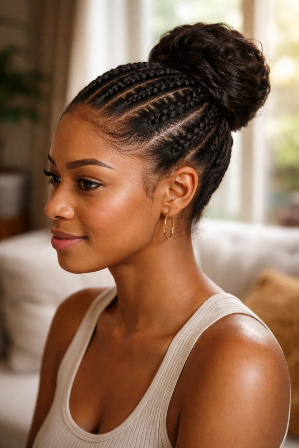 Close-up of real woman with crown cornrow bun in a cozy window-lit living room