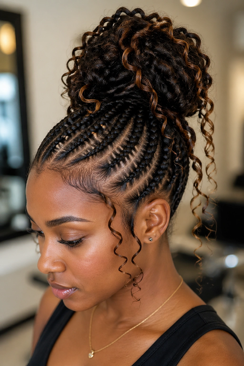 Close-up of a real woman with cornrows leading into a bun with curls