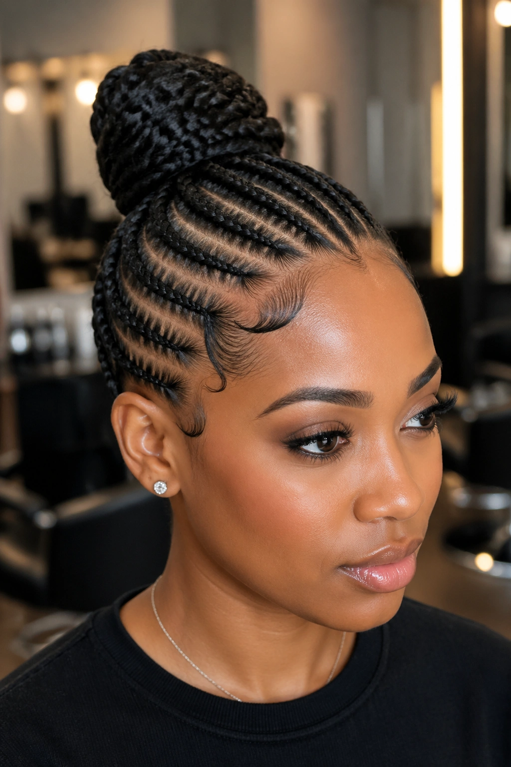 Close-up of a Black woman's cornrow bun with sleek edges in a modern salon