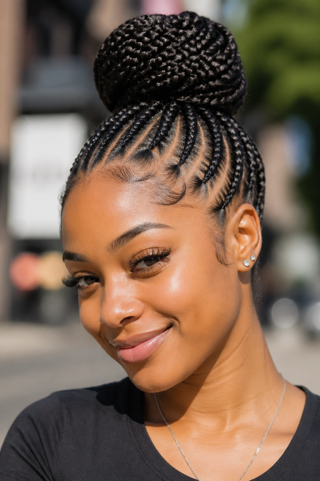 Real person with a high crown cornrow bun