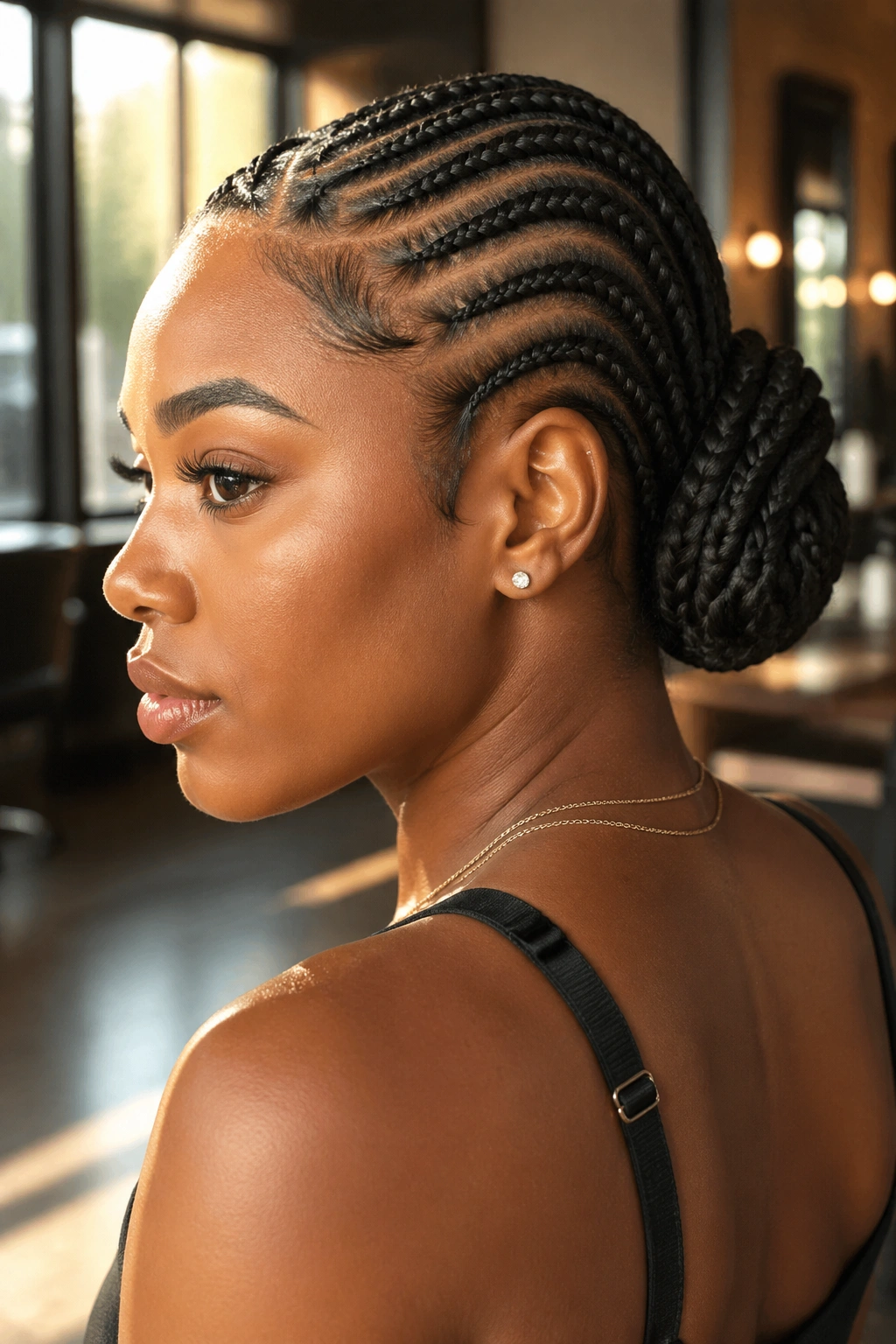 Close-up portrait of a Black woman with a cornrow bun in a sunlit salon
