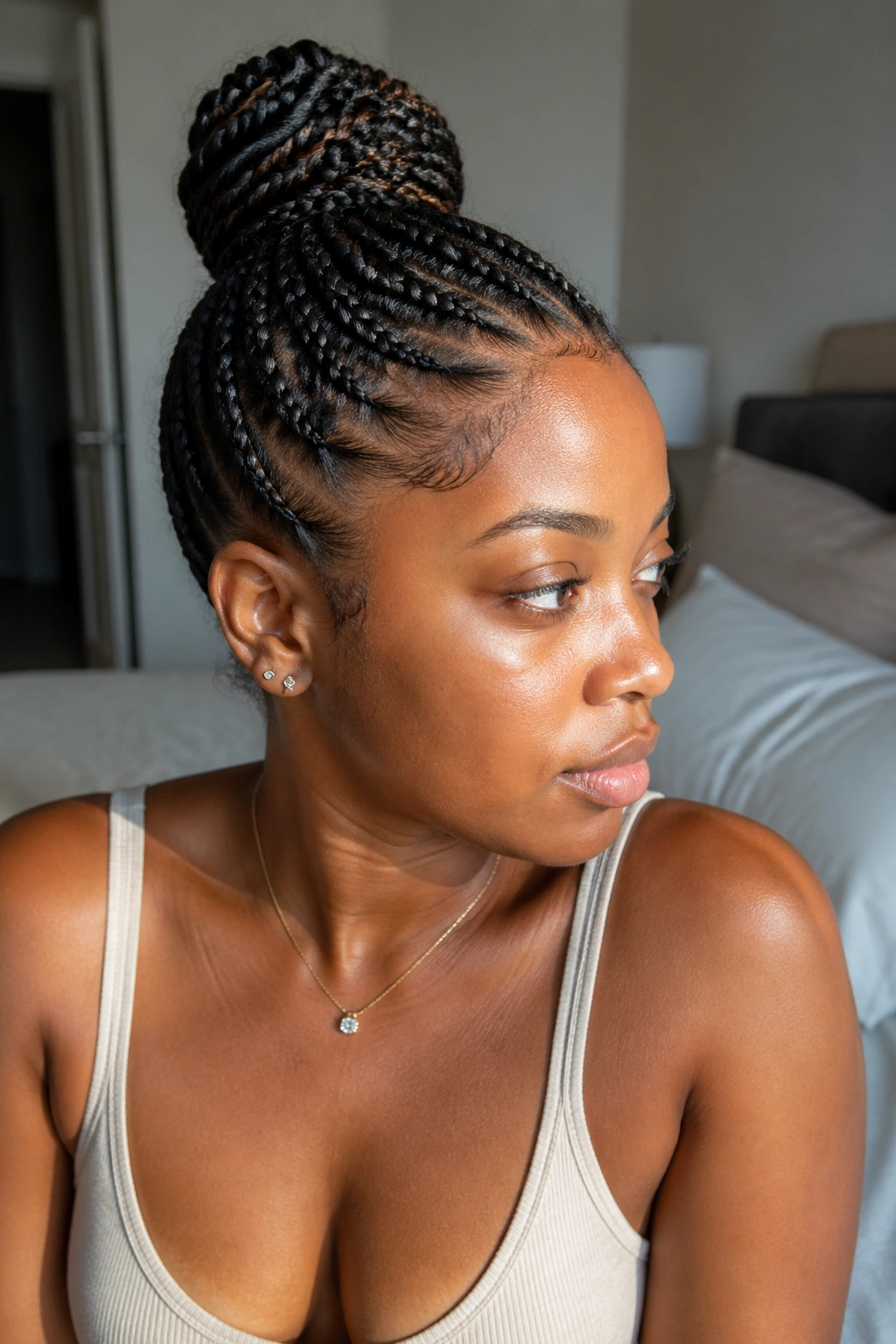 Portrait of a Black woman with a long-lasting cornrow bun in a bedroom