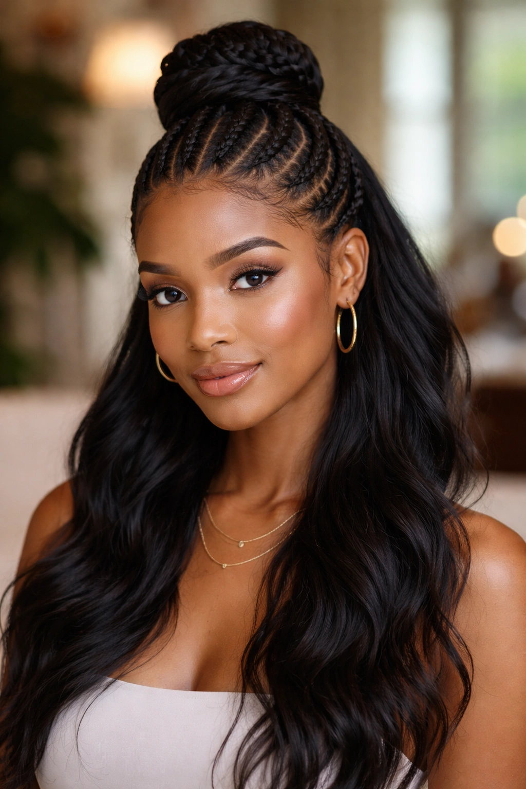 Close-up portrait of a woman with a cornrow bun and loose hair beneath