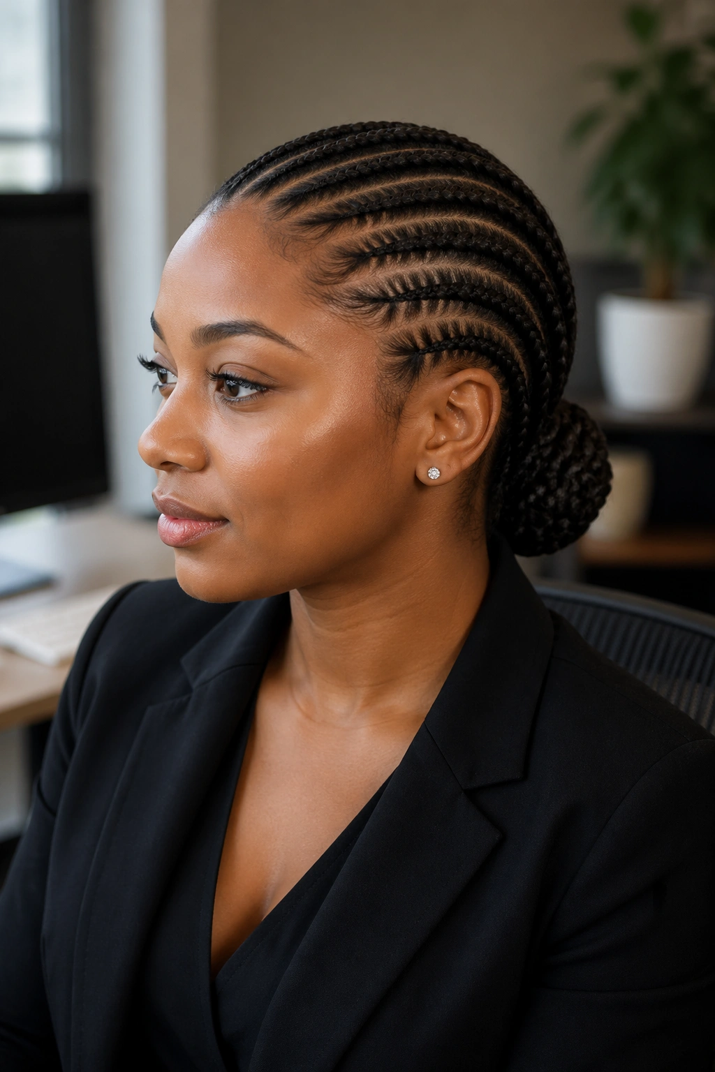 Real person with a low cornrow bun at the nape