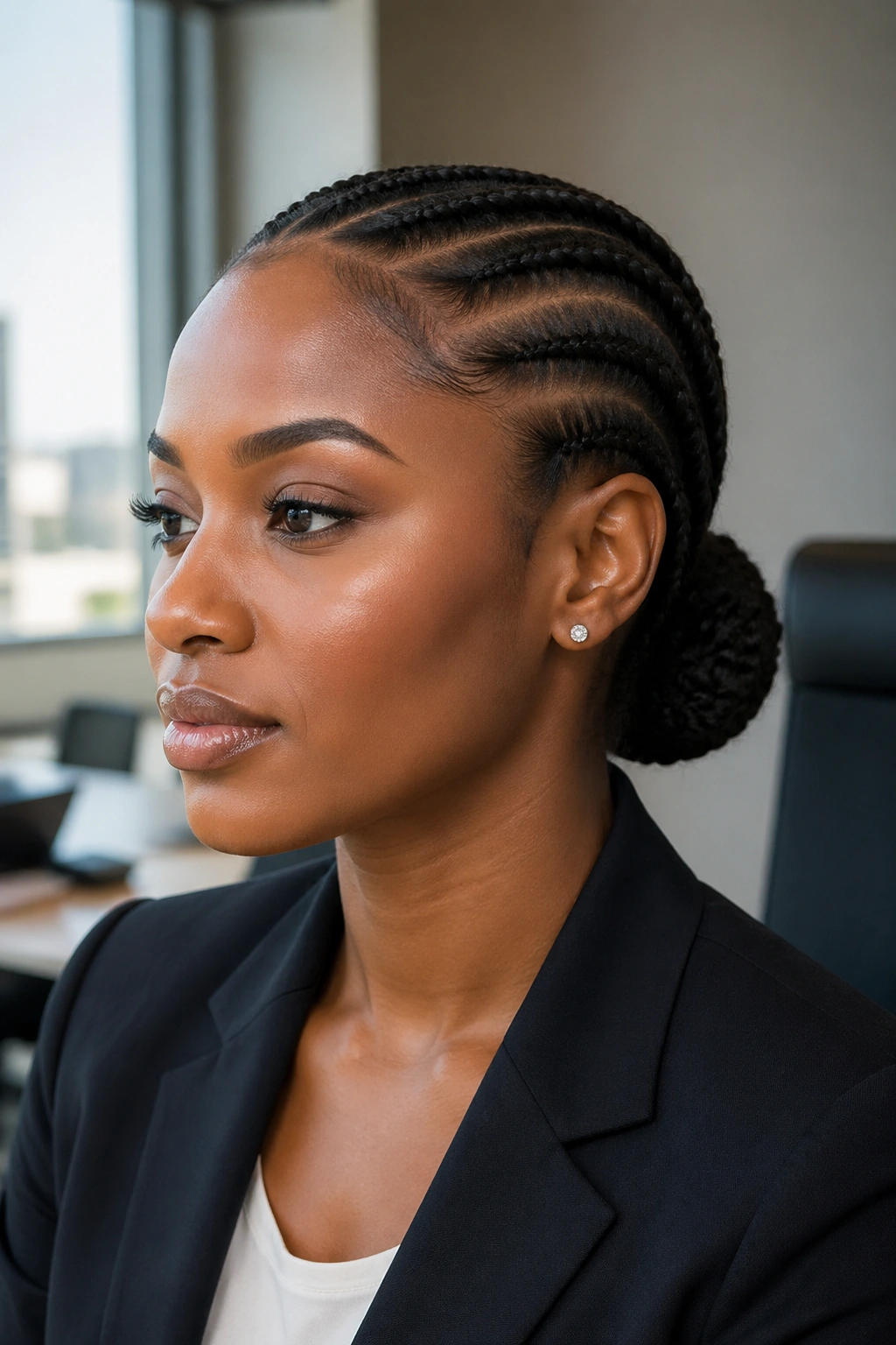 Close-up of a Black woman with a low sleek cornrow bun at the nape