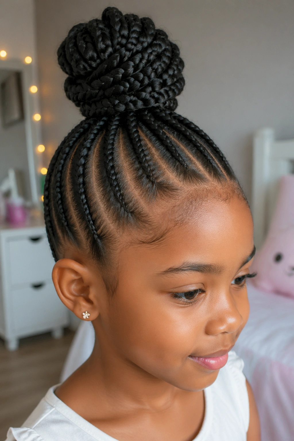 Child with high cornrow bun at the crown