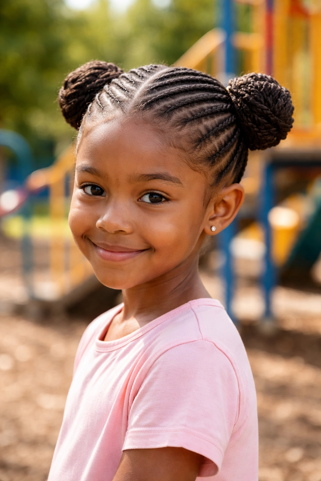Portrait of a girl with cornrow buns at the back of the head