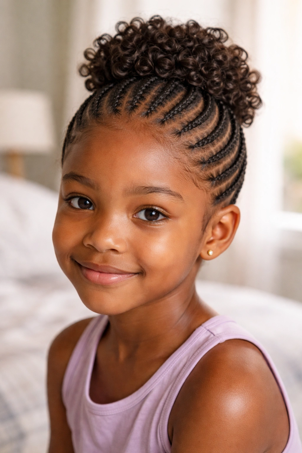 Close-up of a girl wearing a cornrow cap and curl crown
