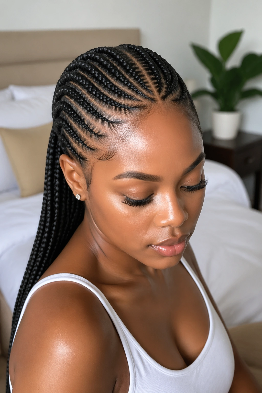 Close-up of cornrow ponytail with a bold center part on a real woman under natural window light