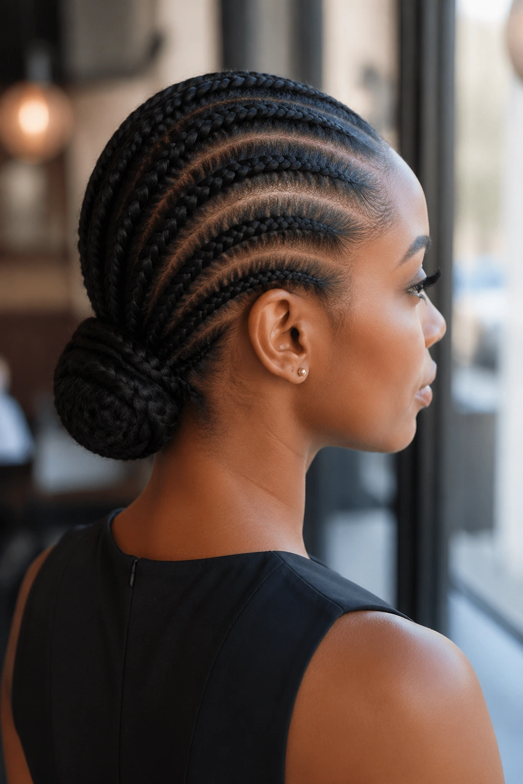 Portrait of a real woman with a low wrapped cornrow chignon at the nape