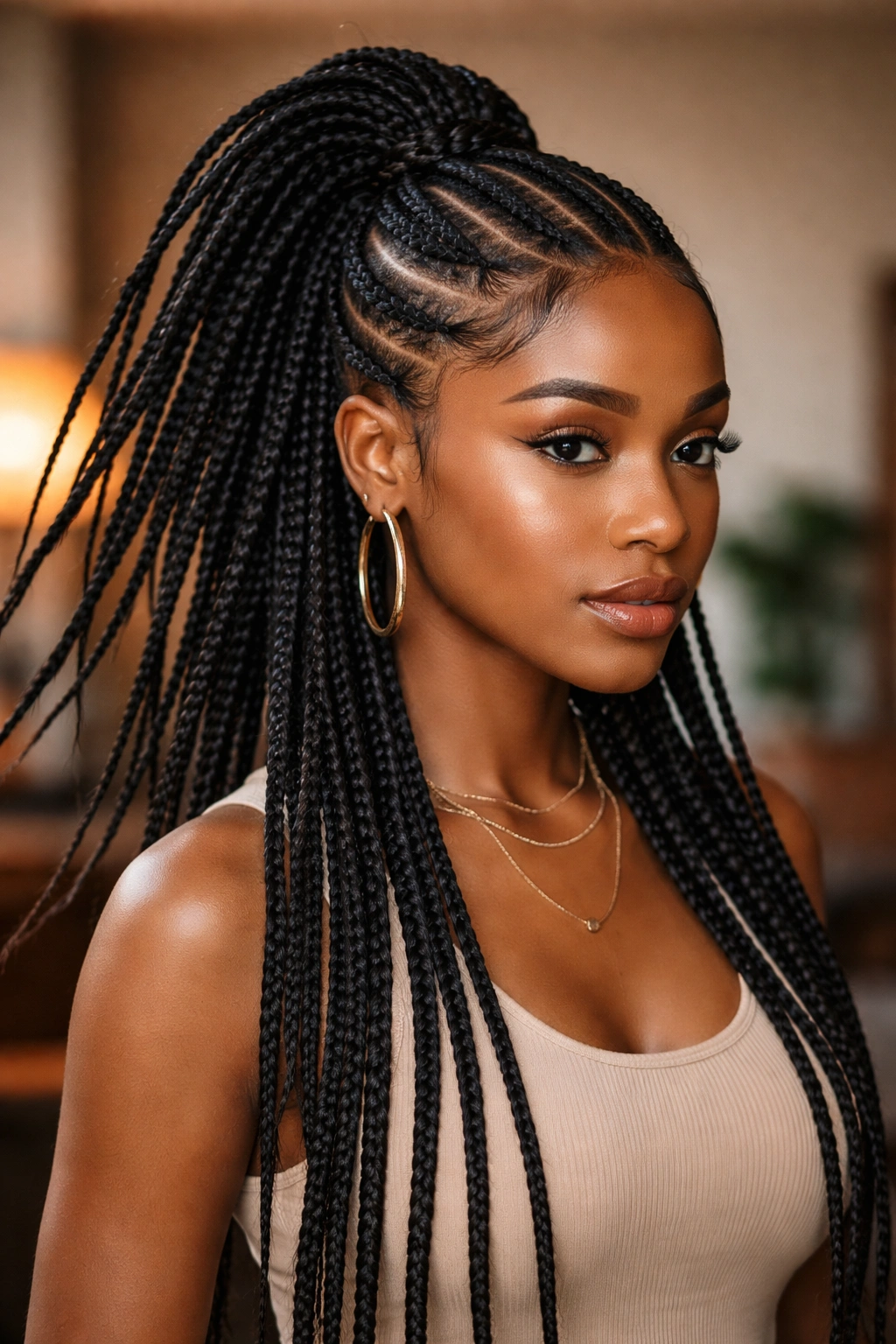 Front cornrow cluster with box braid spray on a real person