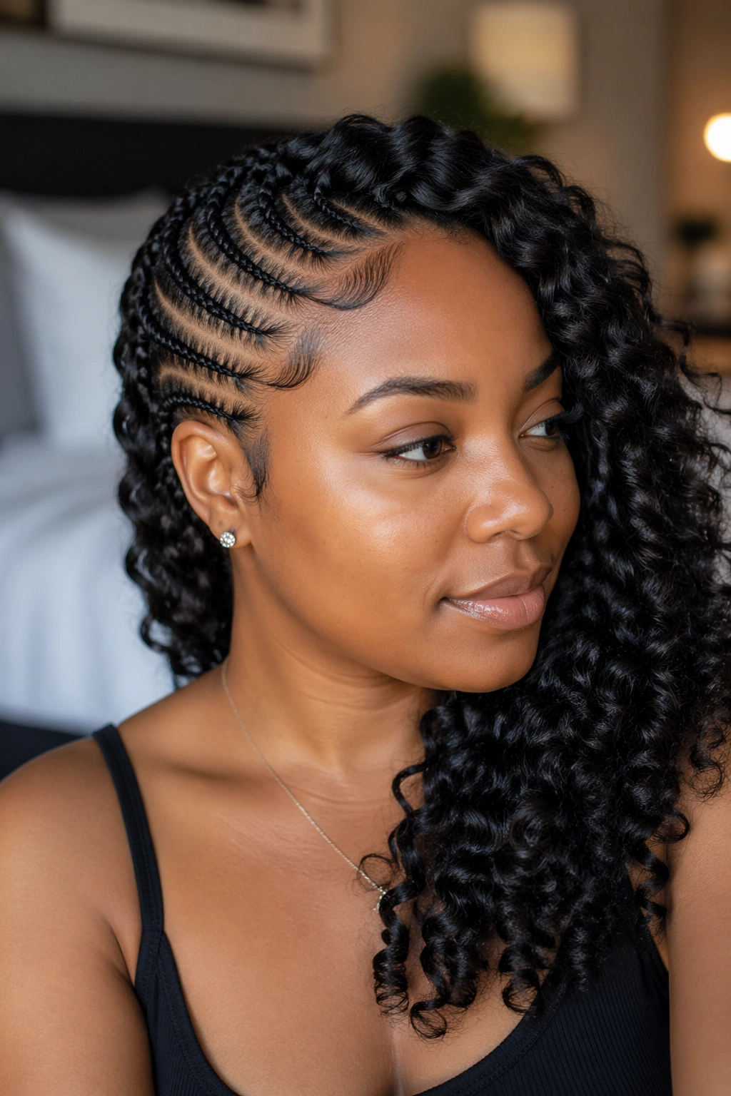 Real woman with crochet curls on the unbraided side and cornrow side