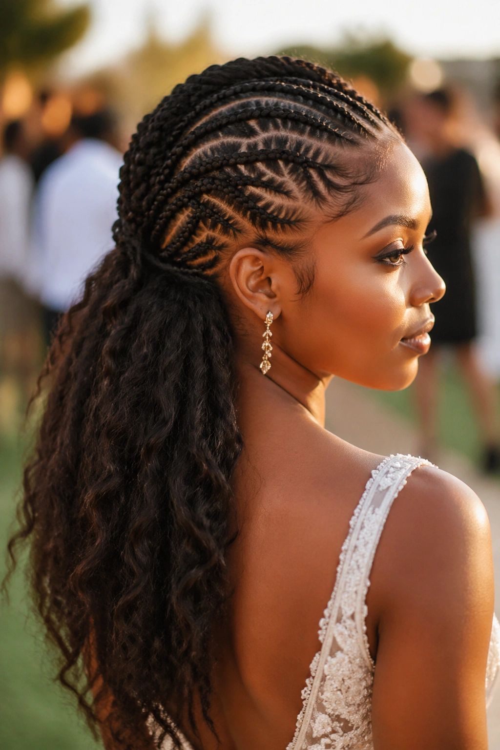 Head-and-shoulders portrait of a real person with cornrow crown and loose back waves