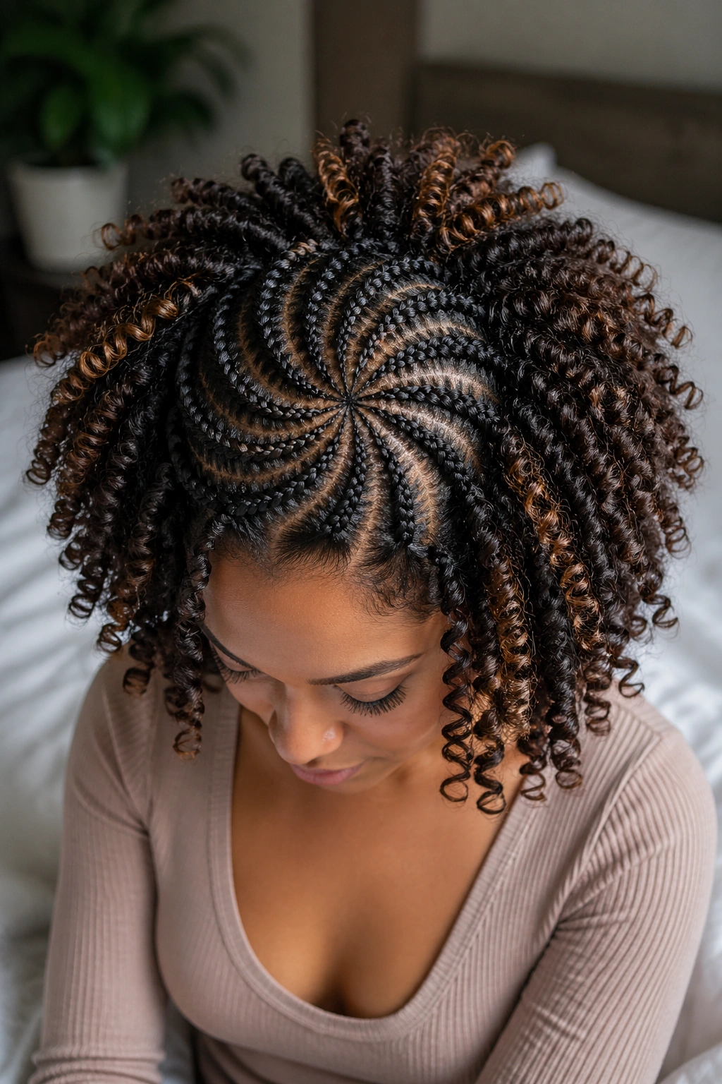 Crown of cornrows with curls radiating outward all around the head.