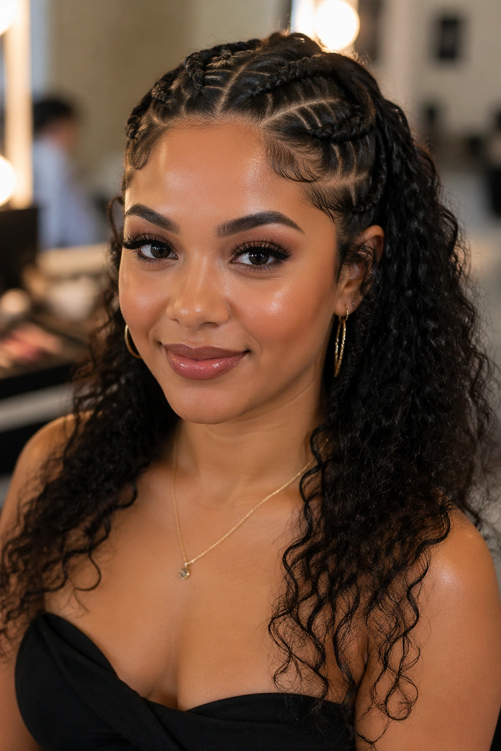 Front view of a woman with cornrows meeting at the back and loose curly hair below
