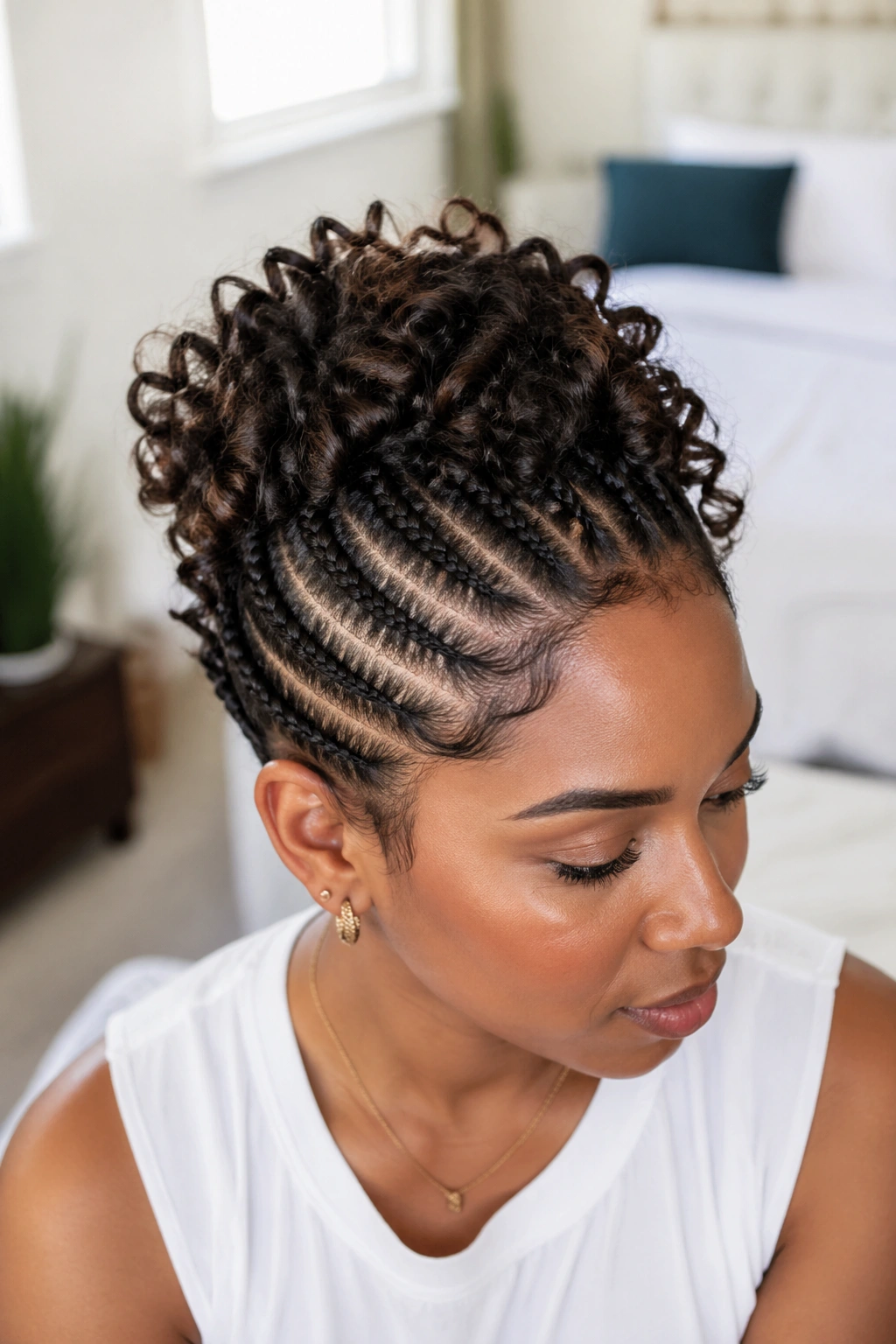 Real woman portrait showing a cornrow crown with loose curls on top.