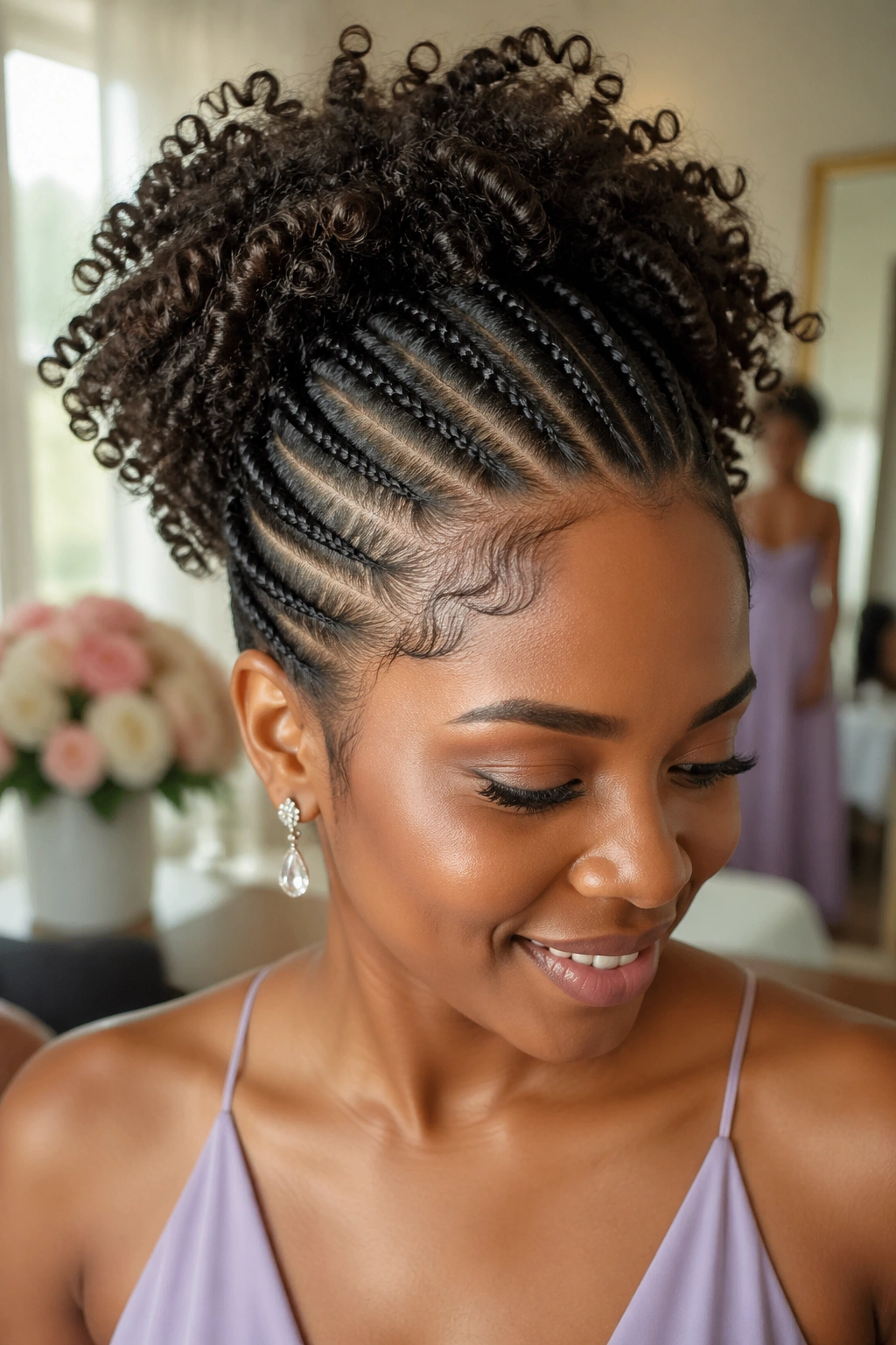 Close-up of a real woman with cornrow crown and curly top in bridal room