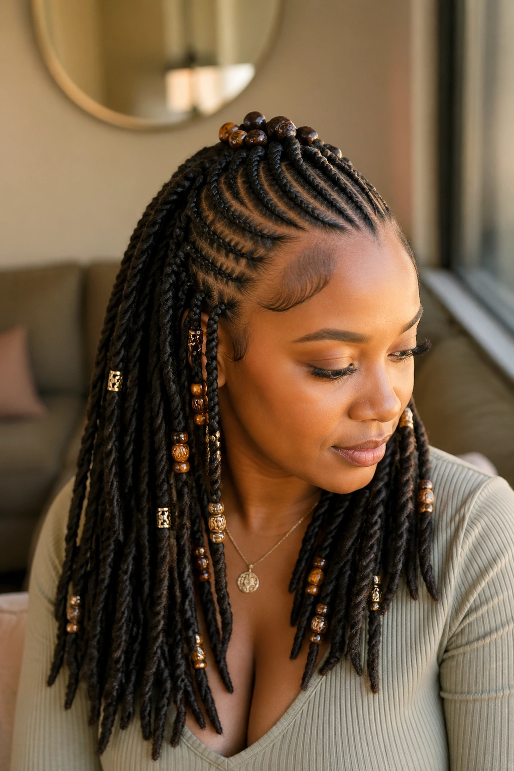 Close-up of a crown of cornrows transitioning to faux locs with beads on a real person