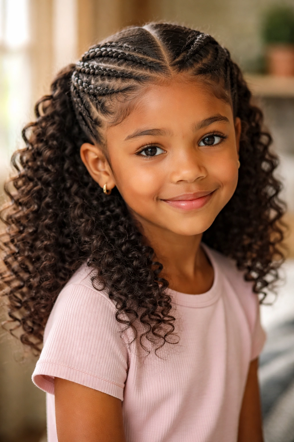 Portrait of a girl with a cornrow crown and free natural curls behind