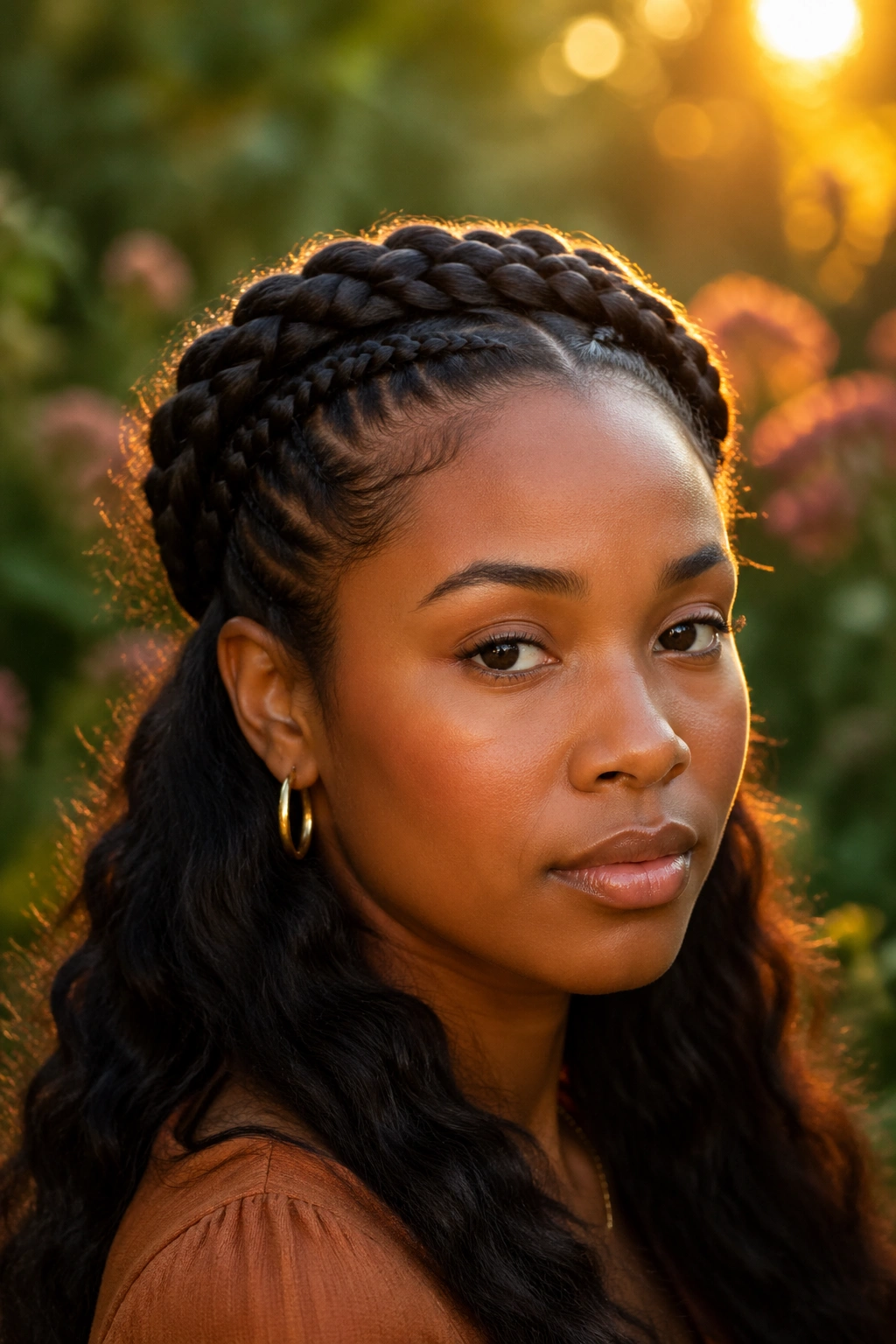 Close-up of a real woman with a cornrow braided crown