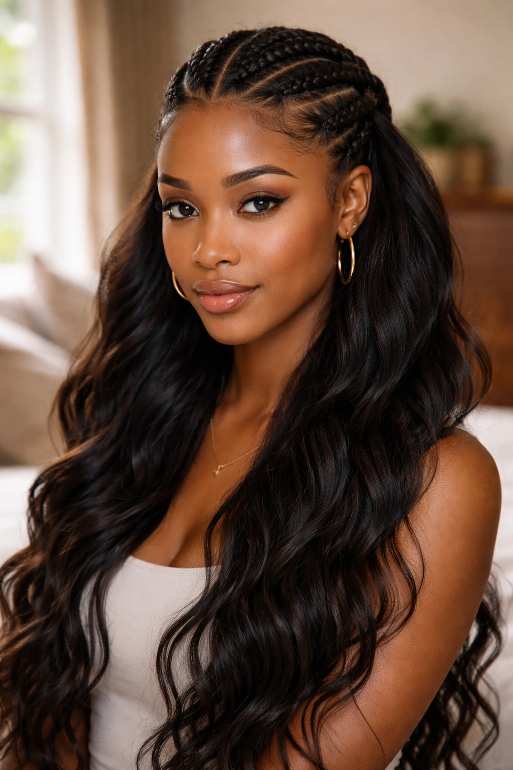 Close-up of a real woman wearing a cornrow crown with free-flowing length below